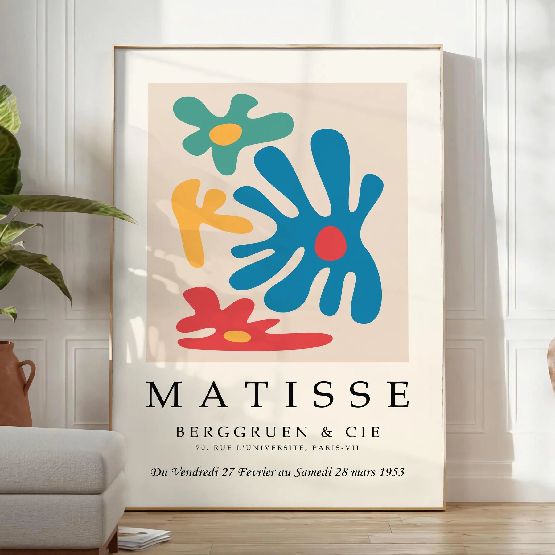 Poster space Matisse Prints Framed vibrant Papier Découpés striking wall art bold white yellow hues perfect unique artwork gift finished look unframed option flexibility